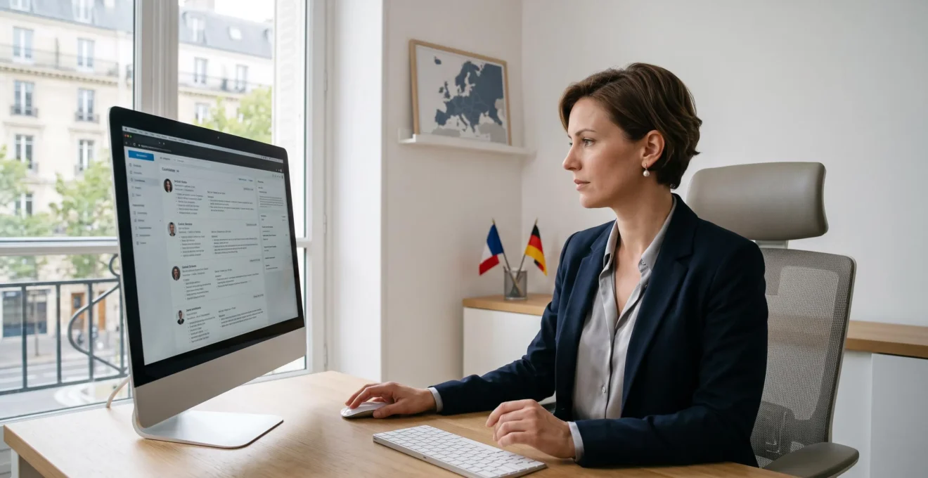 Consultant en recrutement international consultant des profils de candidats sur ordinateur dans un bureau moderne avec carte de l'Europe en arrière-plan