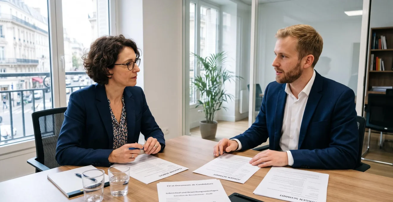 Entretien d'embauche entre recruteur français et candidat germanophone avec documents bilingues sur table de réunion