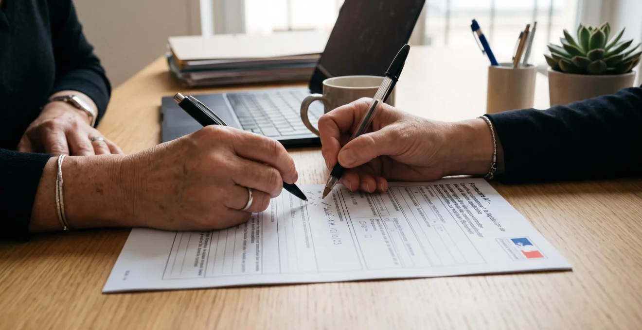 Main de professionnel RH annotant un document administratif bilingue français-allemand avec drapeaux franco-allemands sur bureau